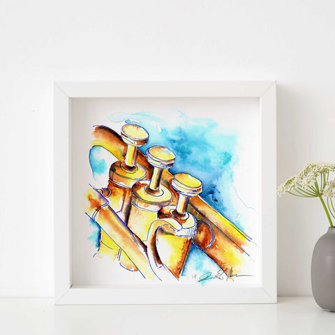 painting of a blue and gold trumpet