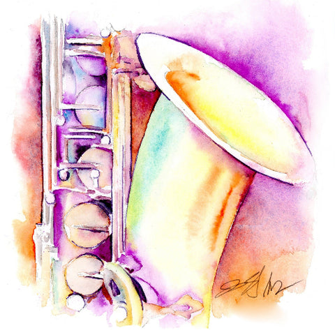 Colorful watercolor illustration of a sax on a multicolored background