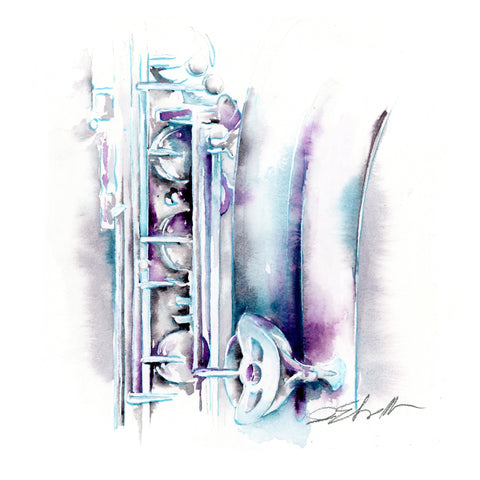 Silver Baritone Saxophone 8" x 8" watercolor