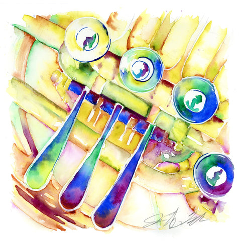 Gold French Horn Brass Instrument Watercolor