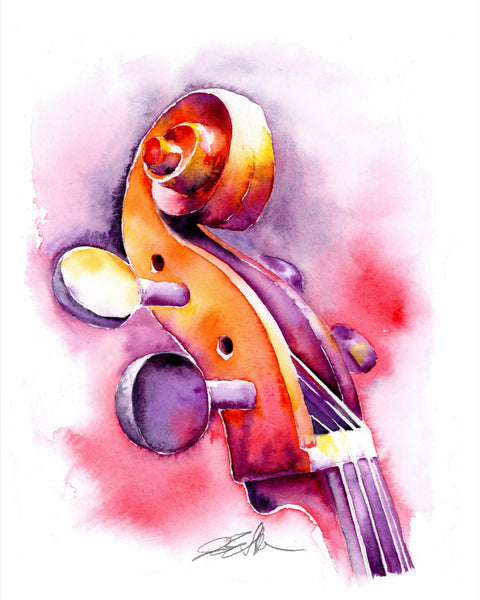 Cello Headstock in Strawberry 8" x 10" watercolor