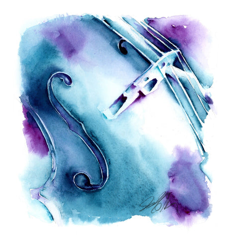 Cello in Blue 8" x 8" Watercolor Painting