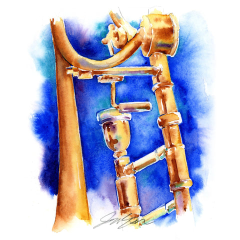 Trombone Watercolor Art in Blue | 7.5" x 8.5" Painting