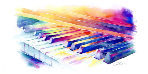 Colorful watercolor illustration of piano keys on a white background