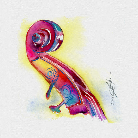 Pink and Yellow Bass Headstock - Upright Bass Small watercolor art