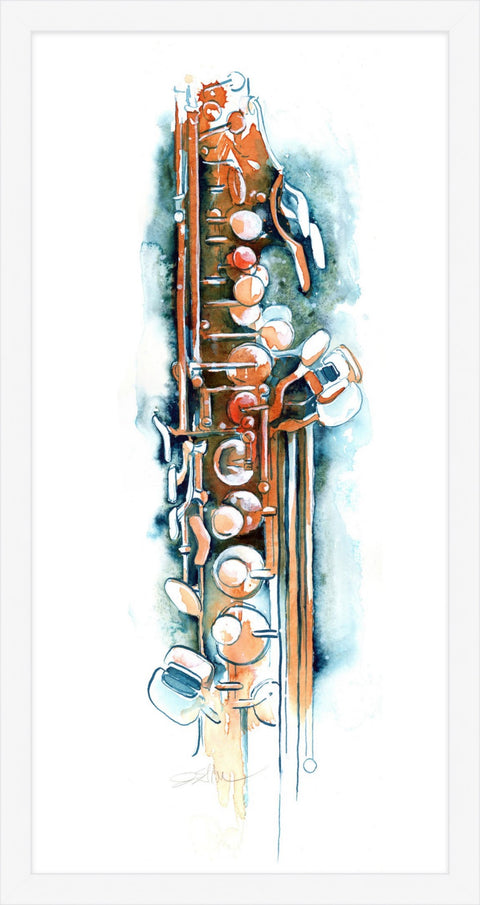 A vertical watercolor-style art print of a saxophone in warm copper, orange, and brown tones with blue-gray washes on a white background.