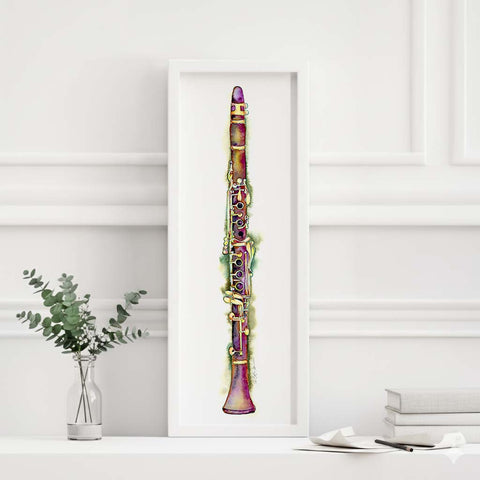 Framed artwork of a colorful clarinet on a white wall with minimal decor.