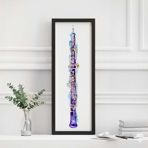 Framed artwork of a colorful oboe on a white wall with minimal decor.
