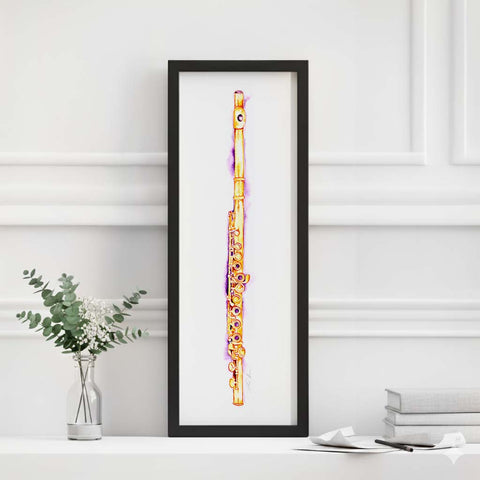 Framed artwork of a flute on a white wall with decorative elements.