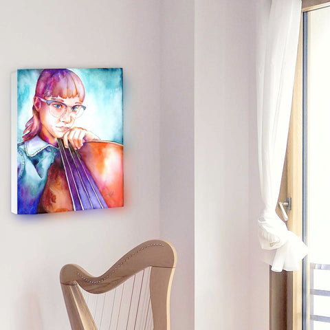 A watercolor painting featuring a female bassist, displayed on a wall above a classical instrument.