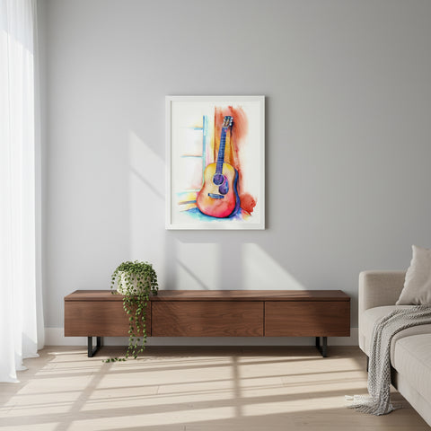 Living room with a wooden TV stand, plant, and framed guitar painting on the wall.