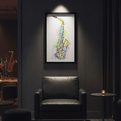 Framed artwork of a saxophone on a dark wall above a black leather chair.