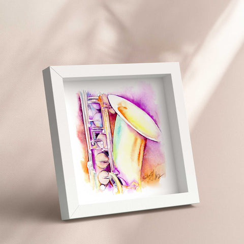 Framed abstract Alto saxophone artwork with a colorful design on a beige background