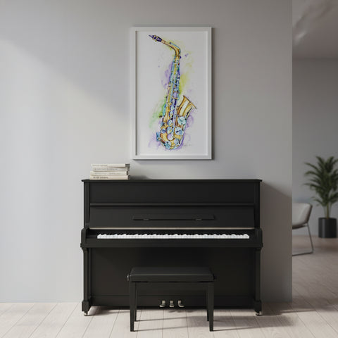 Black upright piano with a stool in a room with a framed saxophone painting on the wall.