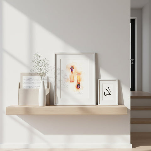 Wooden shelf with decorative items against a white wall