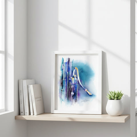 Framed abstract artwork on a shelf with books and a plant