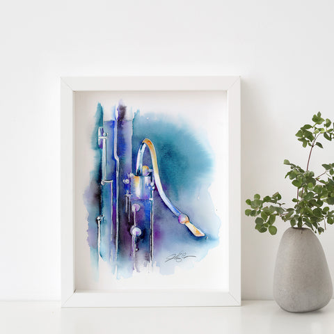 A framed watercolor art print depicting a bassoon in blueberry colors, displayed on a white wall shelf next to a decorative vase.