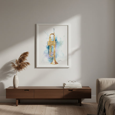 Living room with a framed picture of a trumpet, a vase with dried plants, and books on a wooden console table.