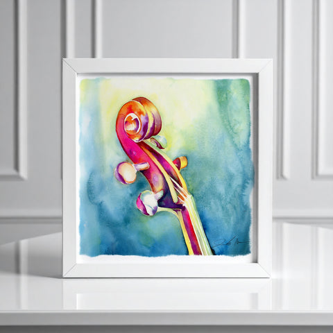 Framed artwork of a colorful cello