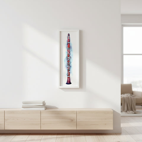 Framed artwork of a red and purple abstract clarinet on a white wall above a wooden cabinet.