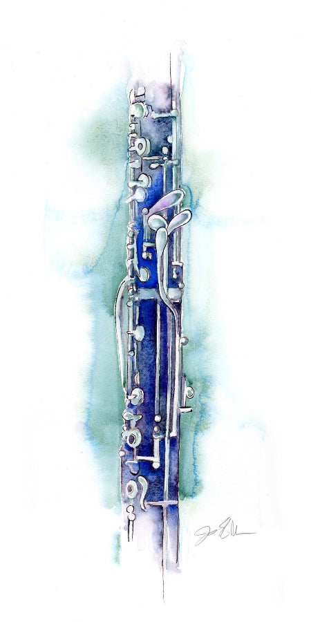 Artistic illustration of a English Horn with watercolor effects on a white background