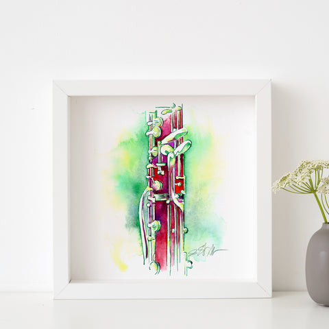 Framed watercolor painting of a English horn on a white wall with a vase of flowers.