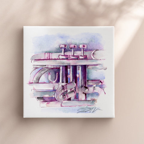 Abstract euphonium art piece with pink and blue colors on a beige background