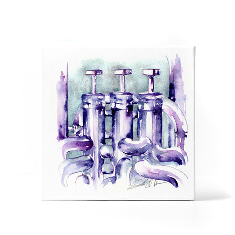 Euphonium watercolor painting displayed on square canvas by Jamie Hansen