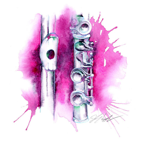 Silver flute with pink watercolor splashes on a white background