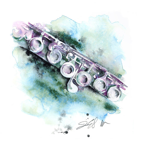 Watercolor painting of a flute on a multicolored background