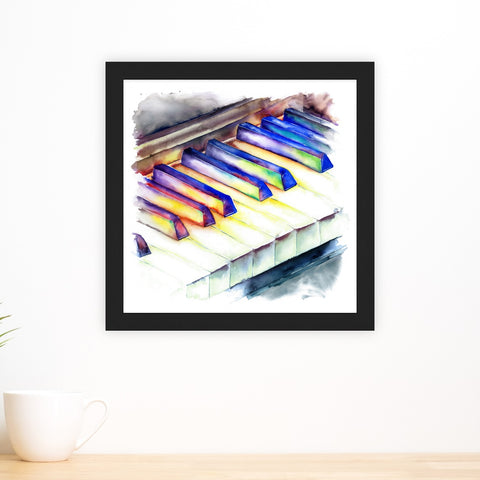 Framed abstract piano artwork with colorful brush strokes on a white wall.