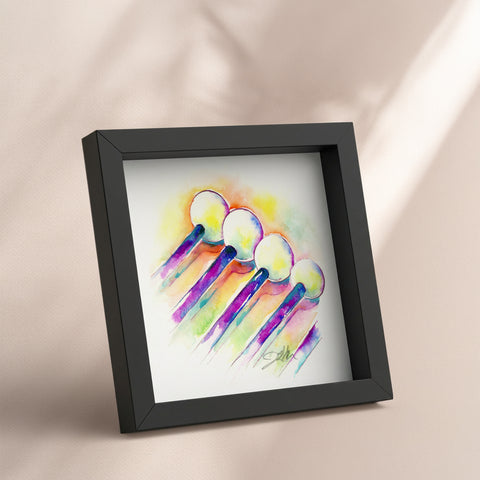 Framed artwork of colorful abstract percussion mallets design on a beige background