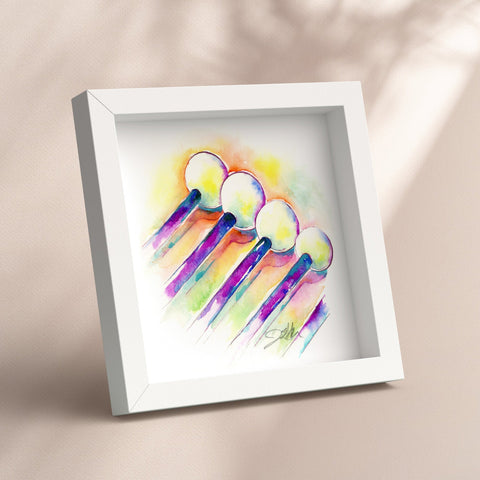 Framed artwork of colorful abstract Percussion Mallets design on a beige background