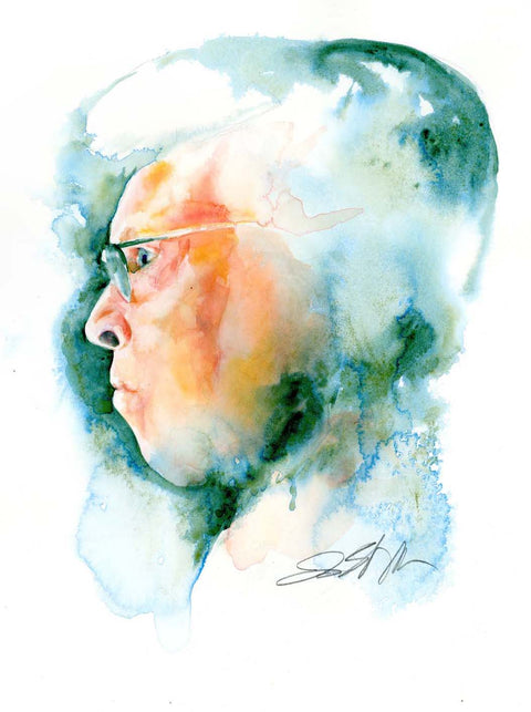 A watercolor portrait, with abstract features and a blend of green, blue, and yellow hues.