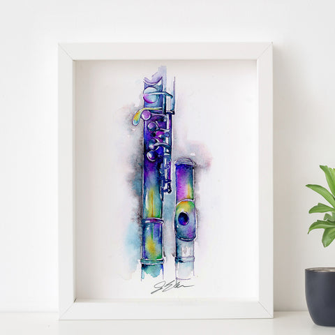 A framed print of a colorful, abstract representation of a curved alto flute, with vibrant purple and blue tones, displayed on a white background.