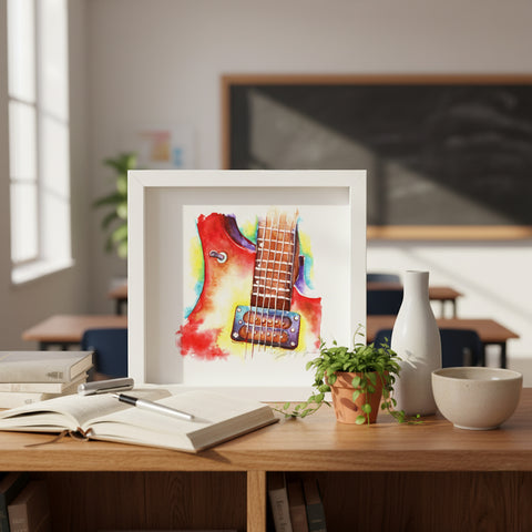 Framed artwork of a colorful guitar on a wooden table with books and decor.