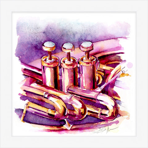 Colorful watercolor illustration of a brass instrument on a white background