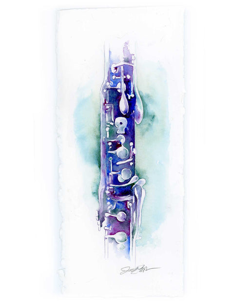 Colorful abstract depiction of a clarinet on a white background