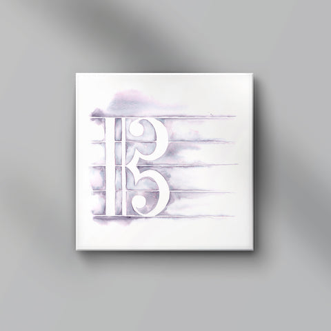 White canvas with a stylized alto clef design on a gray background