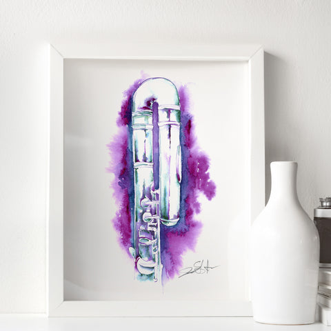 A watercolor painting of a curved alto flute with grape and teal colors on a white background, framed and signed by the artist.