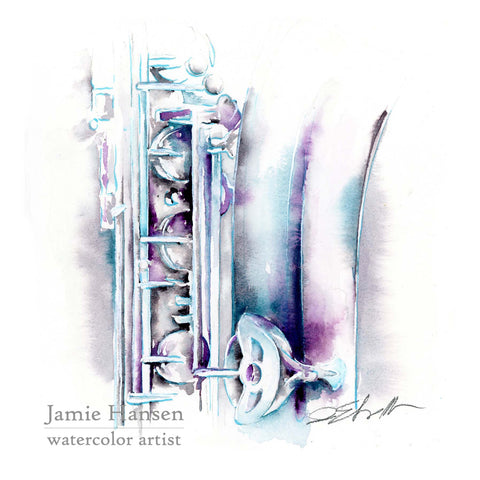 Silver Baritone Saxophone 8" x 8" watercolor