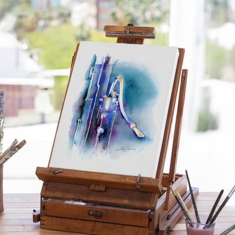 watercolor painting of a bassoon on a wooden easel