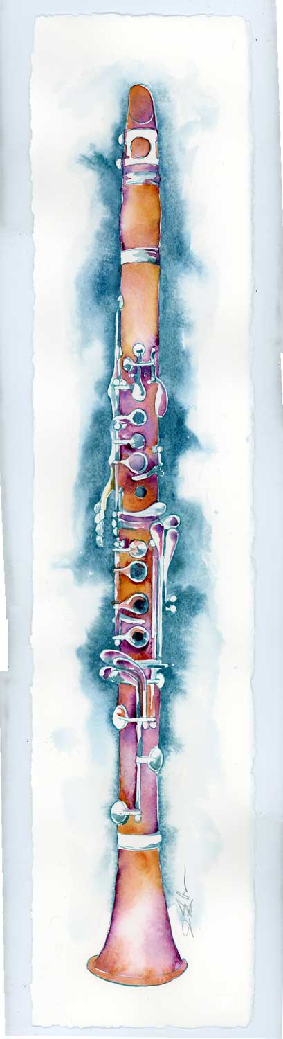 Colorful illustration of a clarinet on a white background