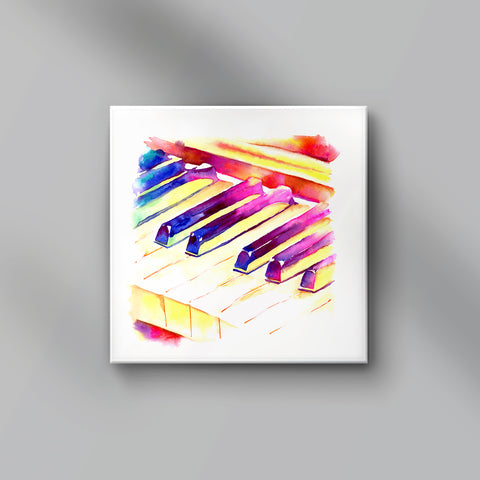 Colorful abstract painting of piano keys on a white background