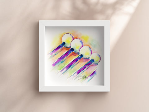Percussion mallets watercolor painting with vibrant color by Jamie Hansen