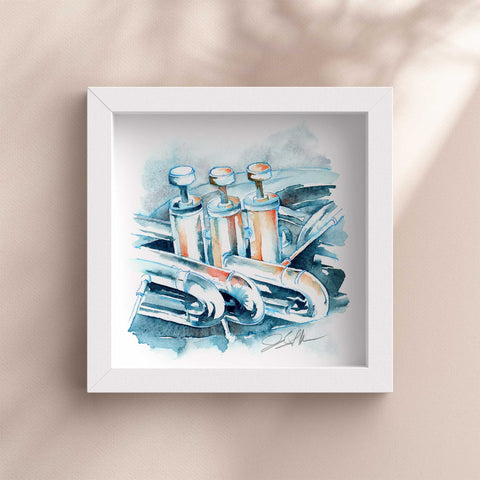 Framed watercolor painting of a musical instrument on a beige wall