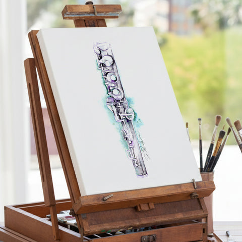 Easel with a drawing of a flute and art supplies on a blurred background