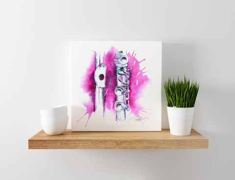 Decorative shelf with a painting, white mug, and potted plant on a light gray background