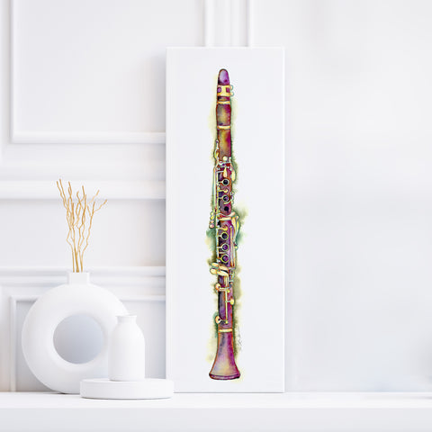 A watercolor painting of a clarinet with gold keys displayed on a shelf with a decorative object to the left.