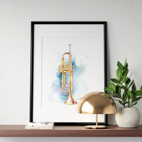 a colorful illustration of a trumpet in a black frame